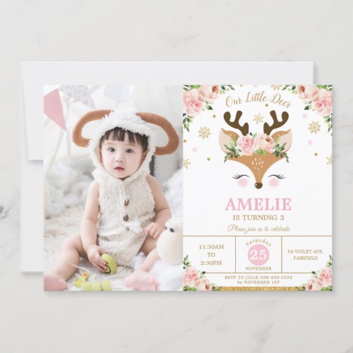 Reindeer Winter Gold Snowflakes Birthday Photo Invitation