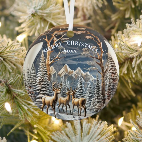 Reindeer Winter Mountains Metal Ornament
