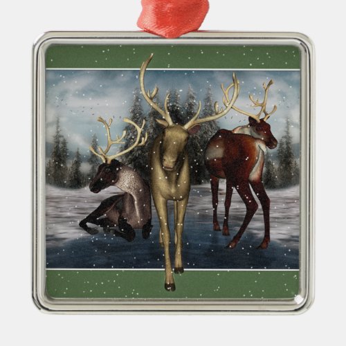 Reindeer Winter Scene Silver Framed Ornament