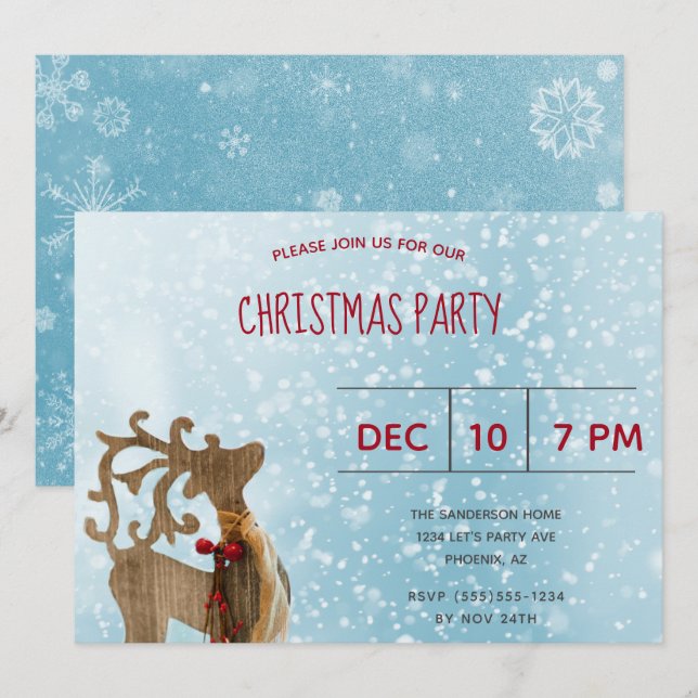 Reindeer  Winter wonderland Blue  Christmas Party Invitation (Front/Back)