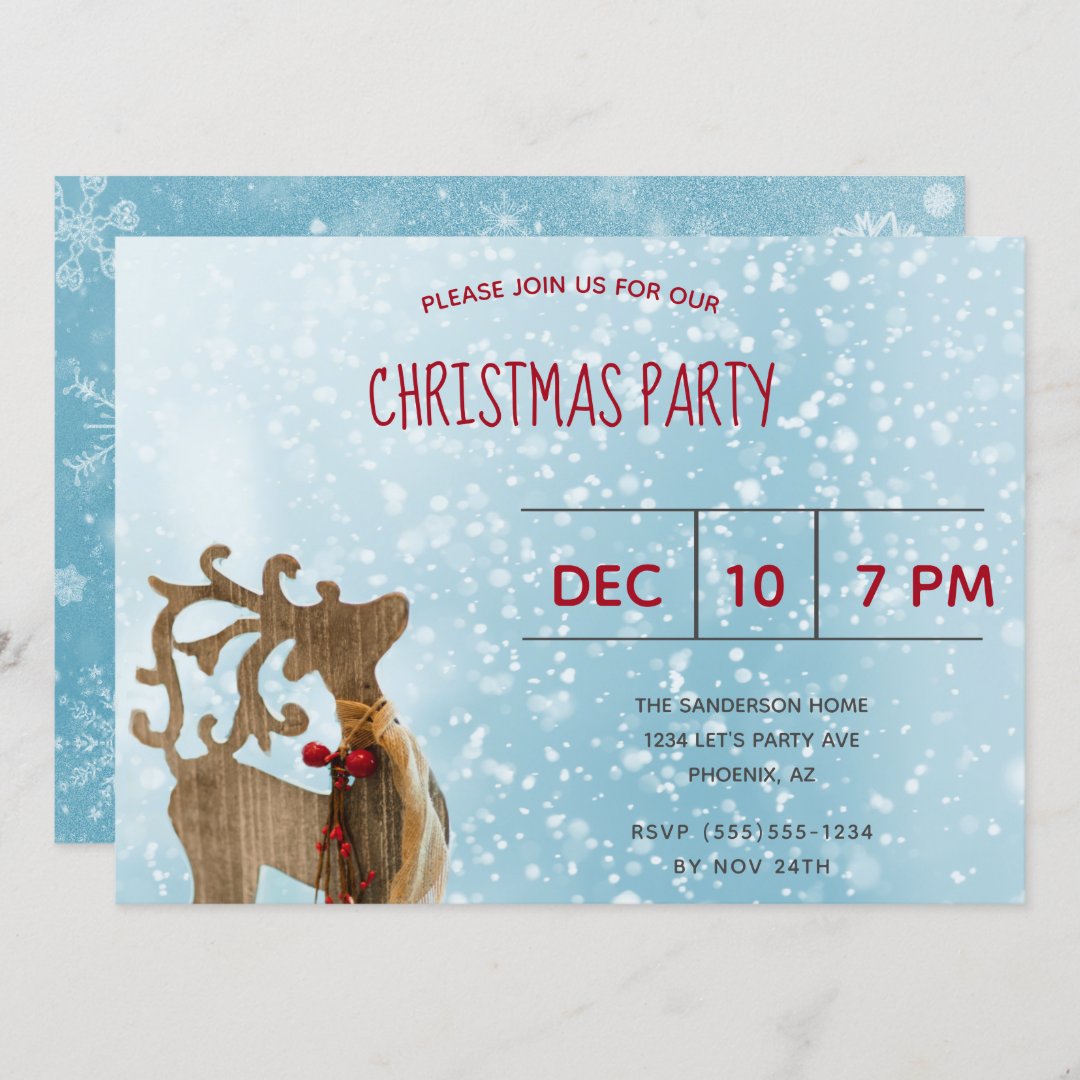 Reindeer Winter wonderland Blue Christmas Party Invitation | Zazzle