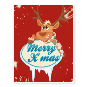 Reindeer wishing Merry X-Mas illustration Temporary Tattoos