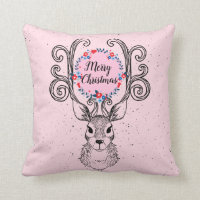 Reindeer With Antlers Merry Christmas Wreath Throw Pillow