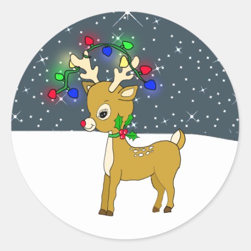 Reindeer with Glowing Christmas Lights Classic Round Sticker