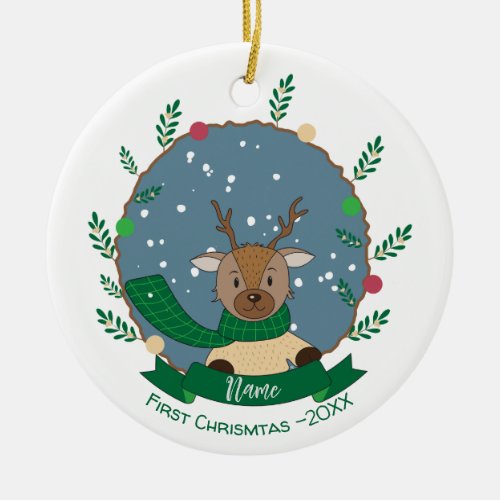 Reindeer with Green Scarf 1st Christmas Ornament