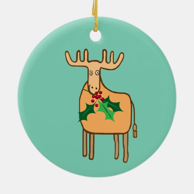 reindeer with holly, moose with christmas lights ceramic ornament (Back)