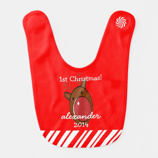 Reindeer With Red Nose Baby's First Christmas Baby Bib (Front)