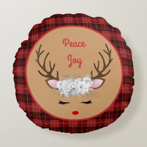 Reindeer with White Roses on Plaid Peace and Joy Round Pillow