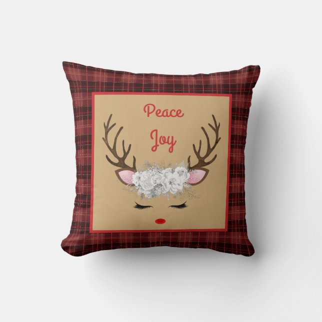 Reindeer with White Roses on Plaid Peace and Joy Throw Pillow (Front)