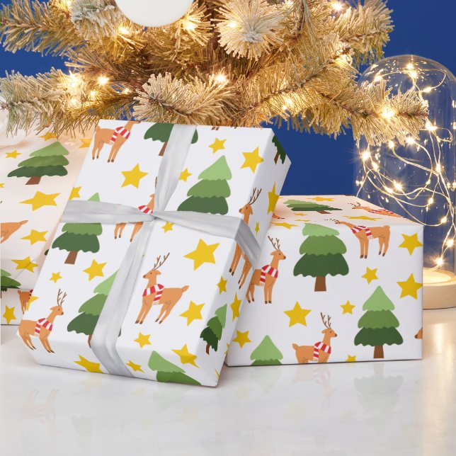 Reindeer Wonderland Christmas Tree Stars White Wrapping Paper (Holidays)