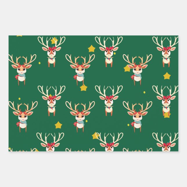 Reindeer Wrapping Paper - Green Background (Front)