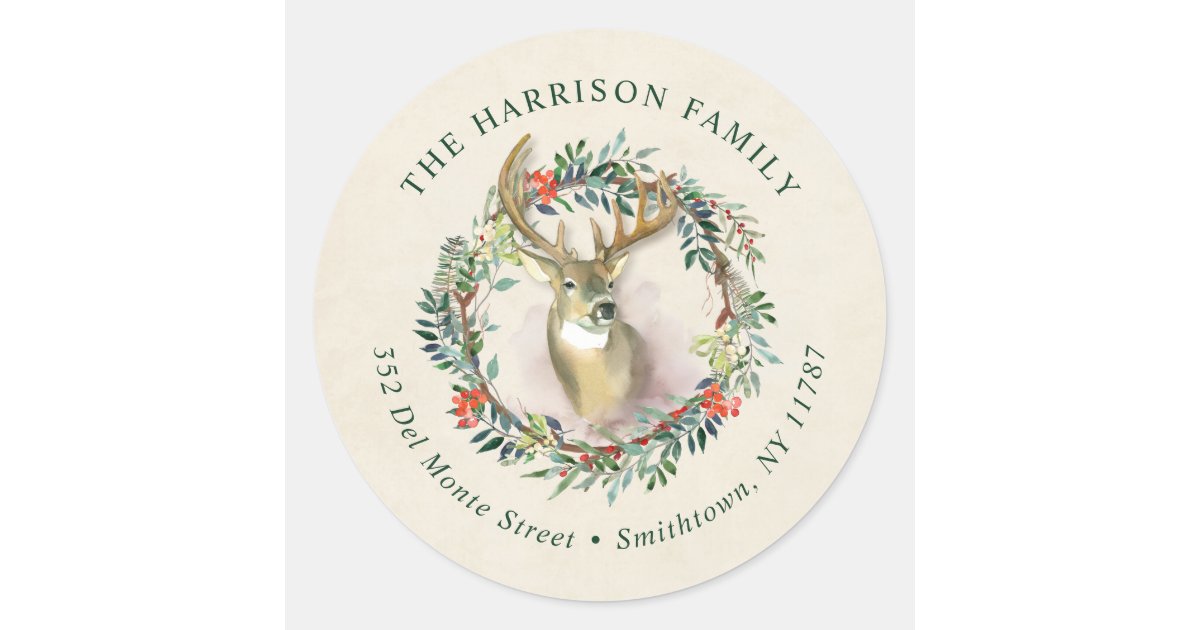 Reindeer Wreath Christmas Return Address Classic Round ...