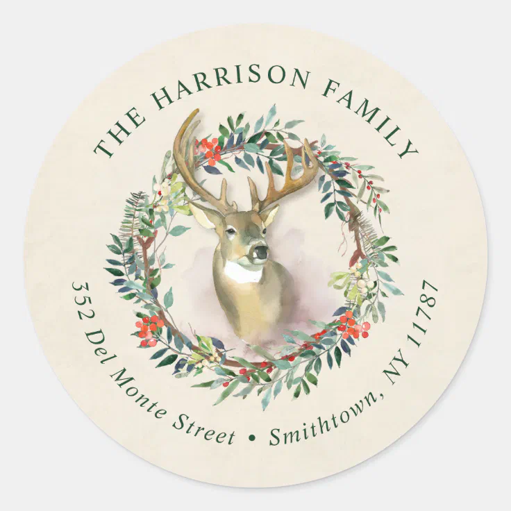 Reindeer Wreath Christmas Return Address Classic Round Sticker | Zazzle