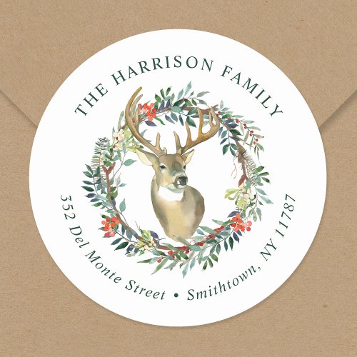 Reindeer Wreath Christmas Return Address Classic Round Sticker