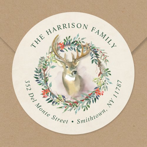 Reindeer Wreath Christmas Return Address Classic Round Sticker