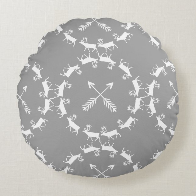Reindeer Yellow and Gray Crossed Arrows Round Pillow (Front)