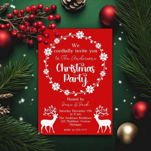 Reindeers and Floral Frame Nordic Christmas Party Invitation