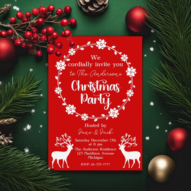 Reindeers and Floral Frame Nordic Christmas Party Invitation (Creator Uploaded)