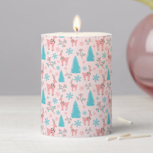 Reindeers Blue Pine Tree & Berry Branch Pink Home Pillar Candle