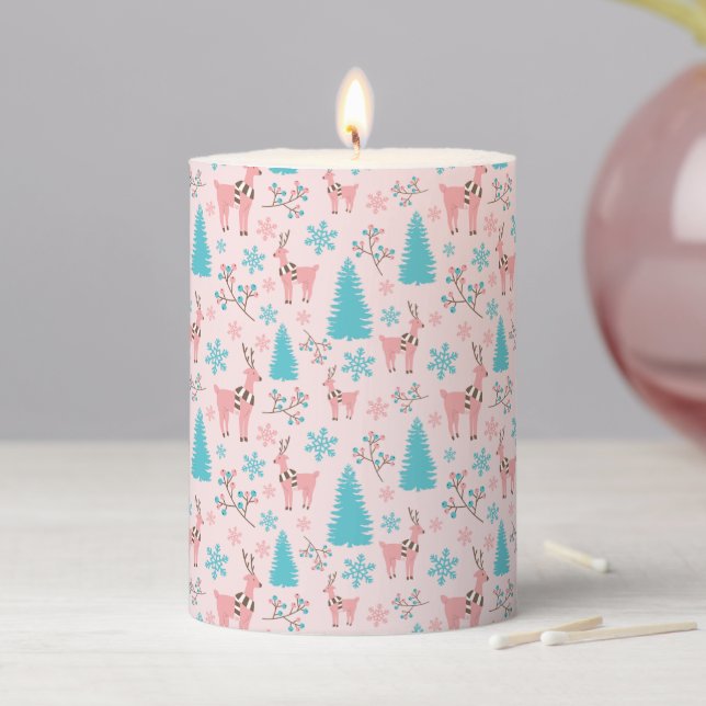 Reindeers Blue Pine Tree & Berry Branch Pink Home Pillar Candle (In Situ)