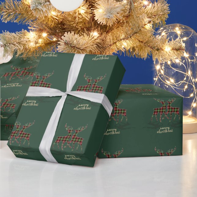  Reindeers Buffalo Plaid Green Merry Christmas  Wrapping Paper (Holidays)
