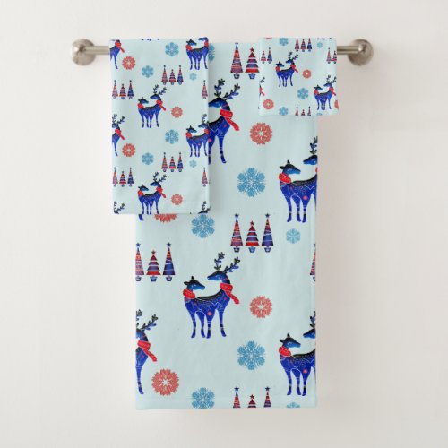 Reindeers Christmas Trees and Snowflakes Pattern Bath Towel Set