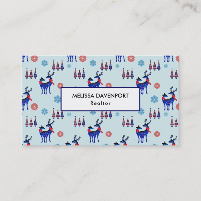 Reindeers, Christmas Trees and Snowflakes Pattern Business Card (Front)