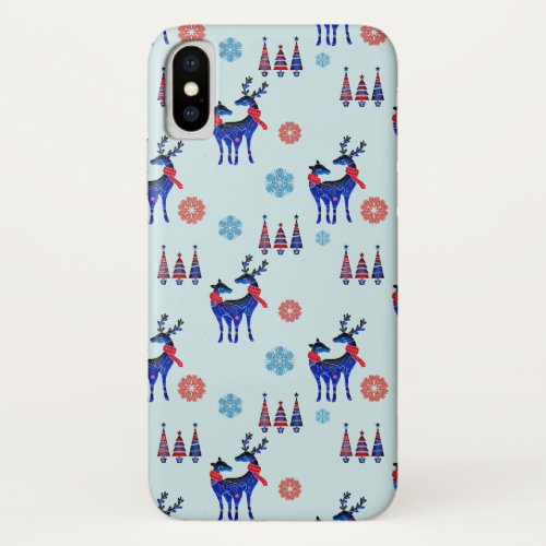 Reindeers Christmas Trees and Snowflakes Pattern iPhone X Case