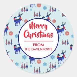 Reindeers, Christmas Trees and Snowflakes Pattern Classic Round Sticker