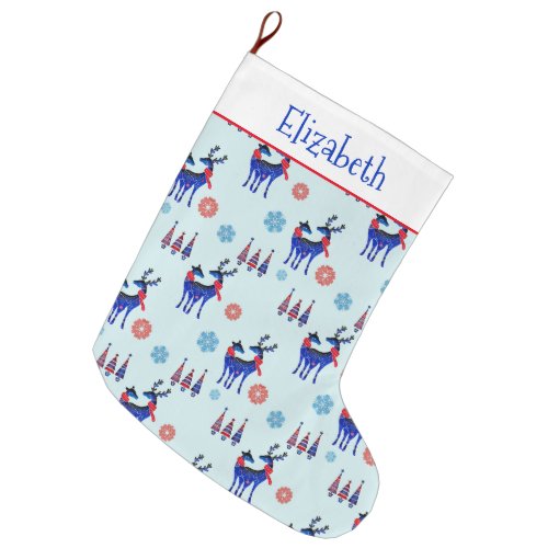 Reindeers Christmas Trees and Snowflakes Pattern Large Christmas Stocking