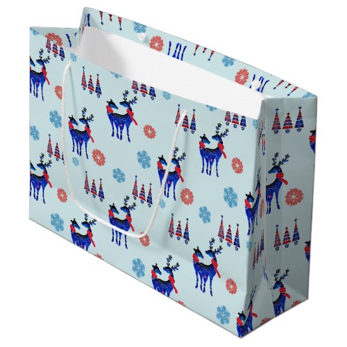 Reindeers Christmas Trees and Snowflakes Pattern Large Gift Bag