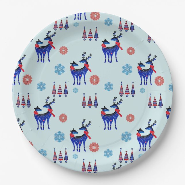 Reindeers, Christmas Trees and Snowflakes Pattern Paper Plates (Front)