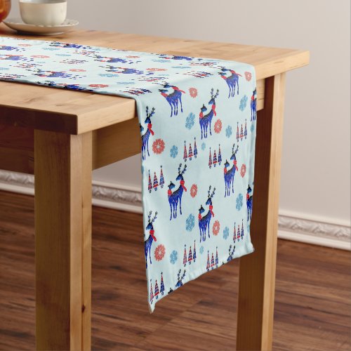 Reindeers Christmas Trees and Snowflakes Pattern Short Table Runner