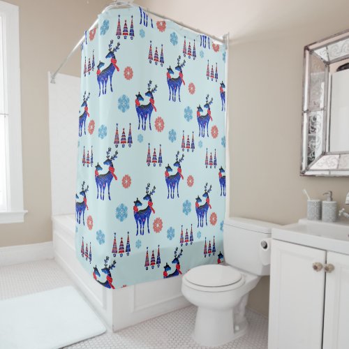 Reindeers Christmas Trees and Snowflakes Pattern Shower Curtain