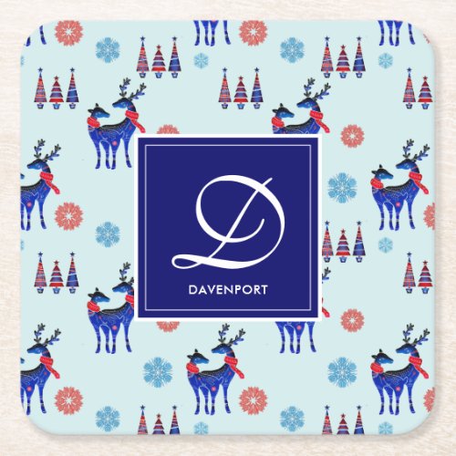 Reindeers Christmas Trees and Snowflakes Pattern Square Paper Coaster