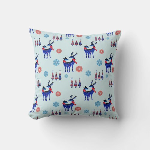 Reindeers Christmas Trees and Snowflakes Pattern Throw Pillow