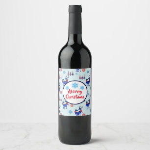 Reindeers, Christmas Trees and Snowflakes Pattern Wine Label