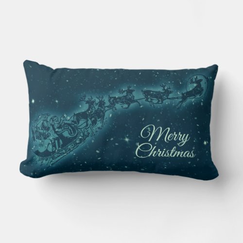 Reindeers Pulling Santa Claus Merry Christmas Lumbar Pillow