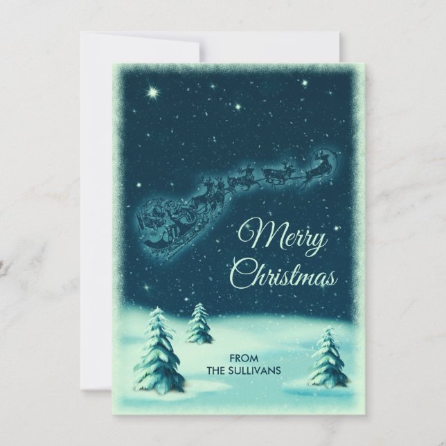 Reindeers Pulling Santa's Sleigh in the Night Sky Holiday Card (Front)
