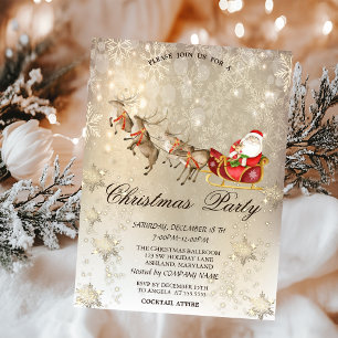 Reindeers Santa Claus Sleigh Snowflake Party Invitation