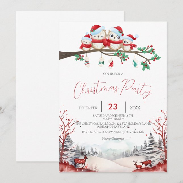 Reindeers, Snow Mountain, Owl Christmas Party Save The Date (Front/Back)