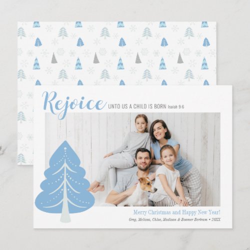 Rejoice a Child is Born Blue Custom Photo Card