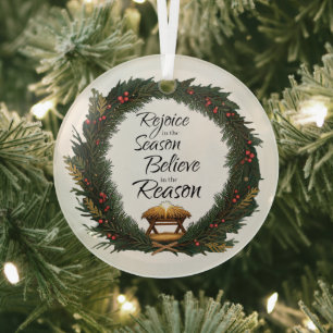 Rejoice and believe nativity glass ornament