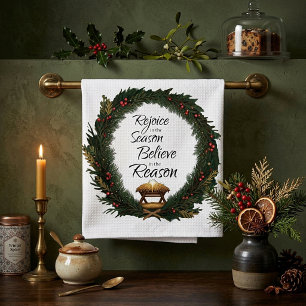 Rejoice and believe nativity kitchen towel