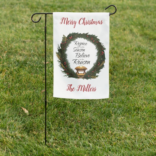 Rejoice and believe nativity personalized garden flag (In SItu)