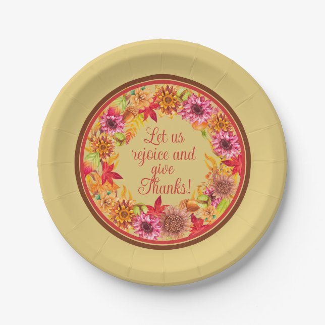 Rejoice and Give Thanks Autumn Foliage Wreath Paper Plates (Front)