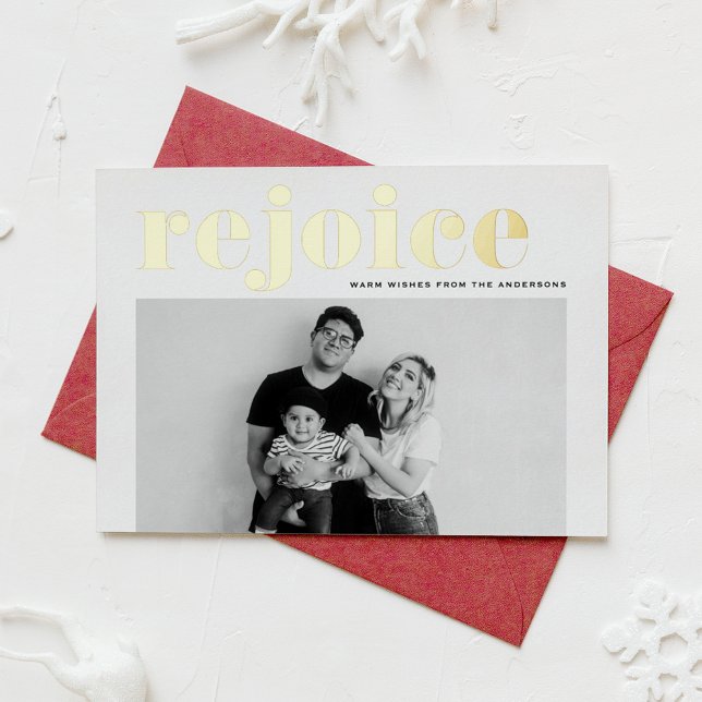 Rejoice Bold Typography Modern Photo Christmas Foil Holiday Card (Creator Uploaded)