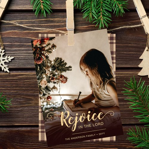 Rejoice Brown Plaid Rustic Religious Christmas Holiday Card