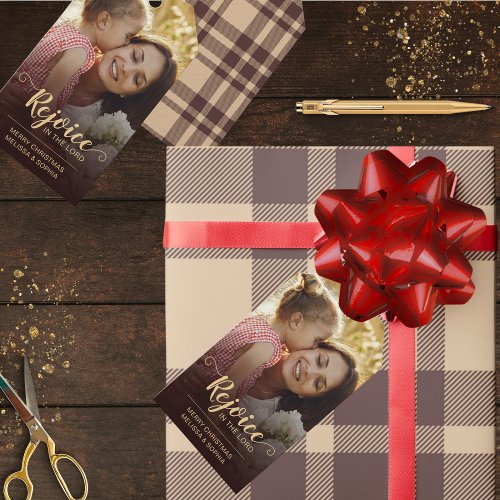 Rejoice Brown Rustic Religious Christmas Gift Tags