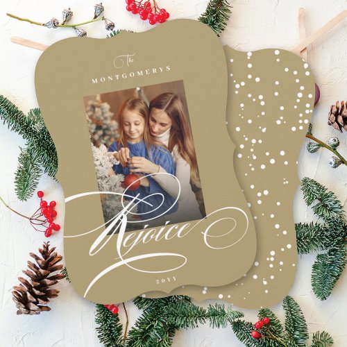 Rejoice Calligraphy Religious Christmas Gold Photo Holiday Card